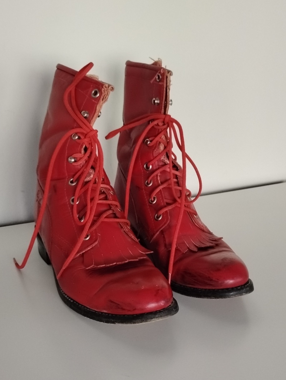 Vintage Ray Cooper Size 7.5 Red Lace-Up Men's Leather Cowboy Boots with Fringe